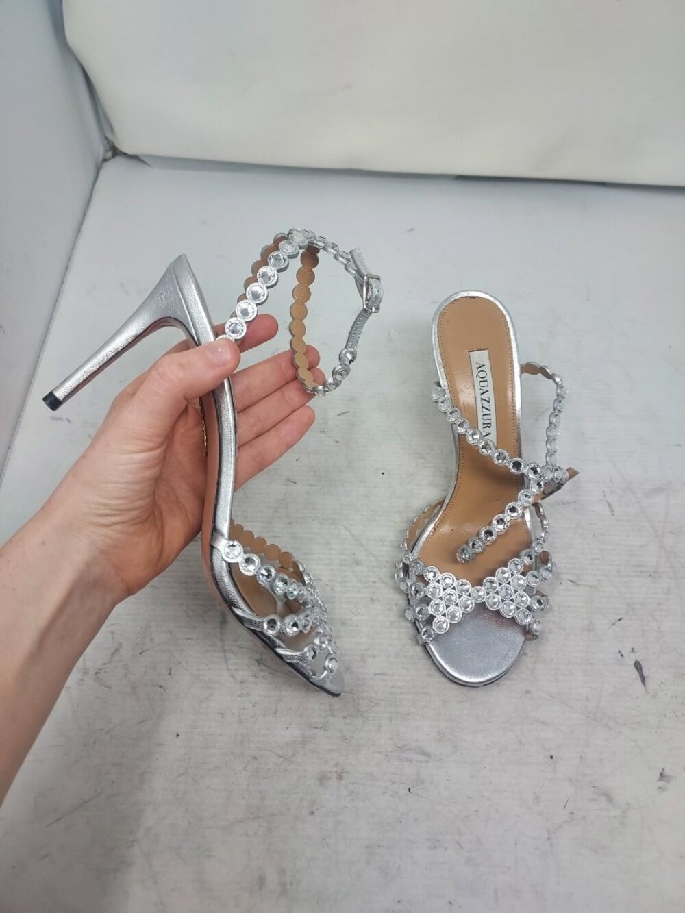 Aquazzura Tequila Crystal Jewel Silver Heel Sandal
